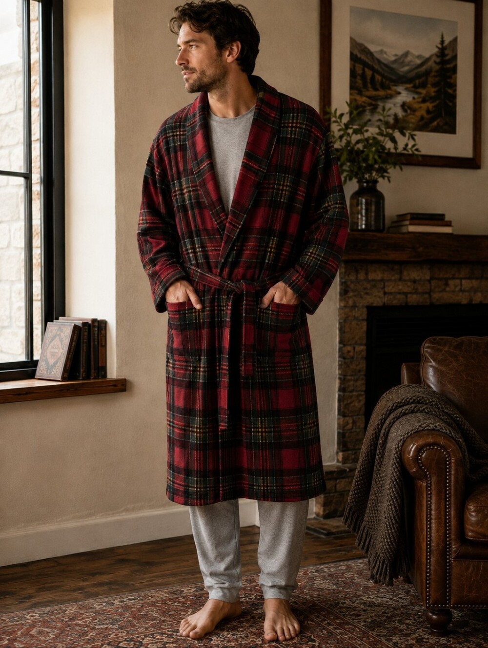 Vintage Christian Dior Monsieur Mens Plaid Robe One Size Belted 47" Long